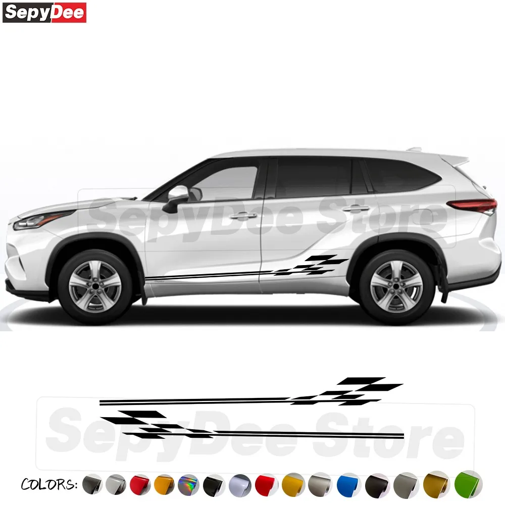 

2Pcs For Toyota Highlander Car Door Side Sticker Checkered Graphic Stripe Vinyl Decal Car Accessories