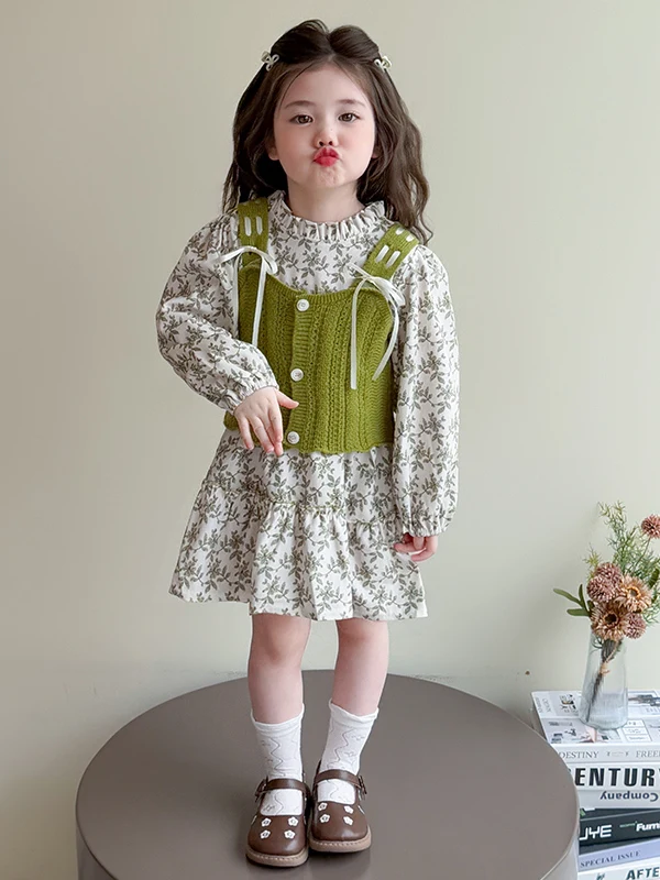 

Spring 2026 New Girls Floral Dr Set Long Sve Princ Skirt Suit Children's Vest Outfit Casual Sportswear Floral Print