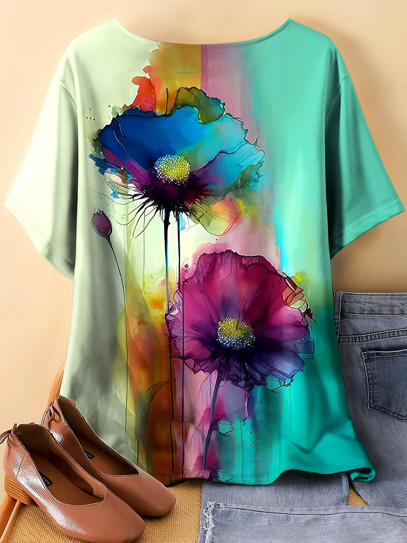 Women Short Sleeve Top Watercolor Poppy Floral Gradient Print Round Neck Casual Daily Party Tee Women's Clothes