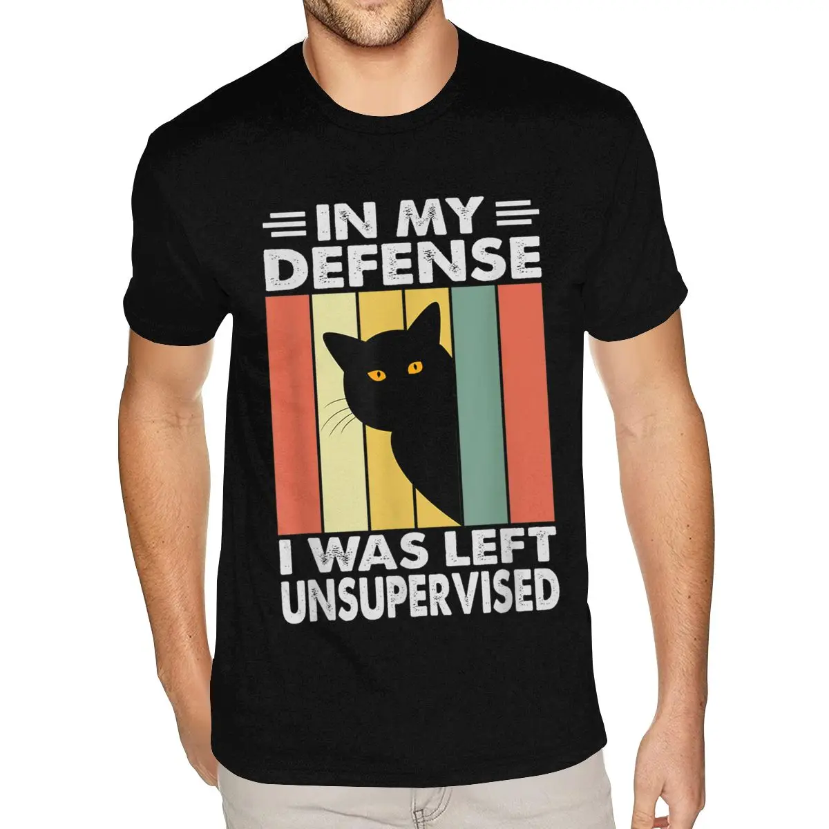 Custom In My Defense I Was Left Unsupervised Funny Naughty Cat T-Shirt for Men Premium Cotton Black Crew Tees Shirts