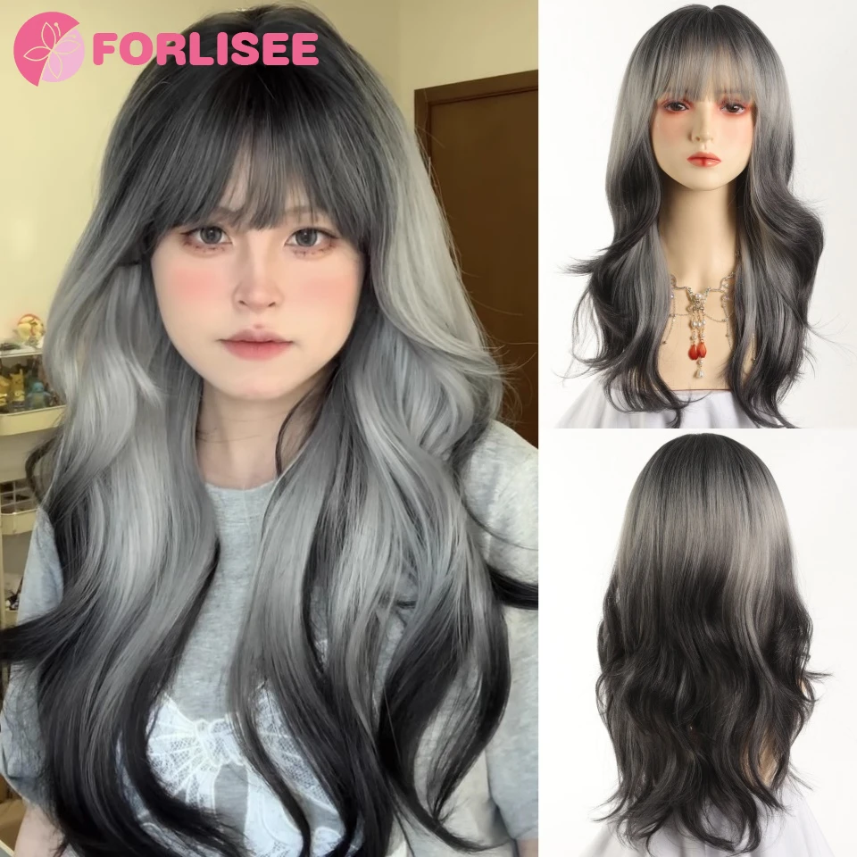 20inch Long Body Wave Black And Gray Ombre Cosplay Wigs Heat Resistant Synthetic Wigs Bangs Natural Lolita Wigs For Women Hallow