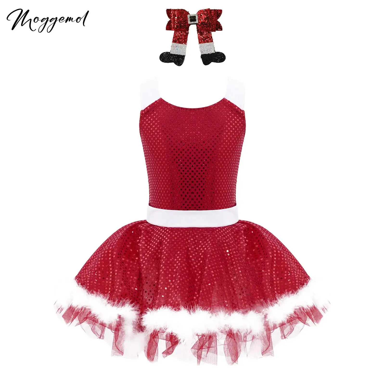 الفتيات عيد الميلاد فستان الأميرة لامعة الترتر سانتا احتفالي الزي توتو يوتار زي مع التمهيد على شكل مشبك شعر مجموعة عصابات الرأس