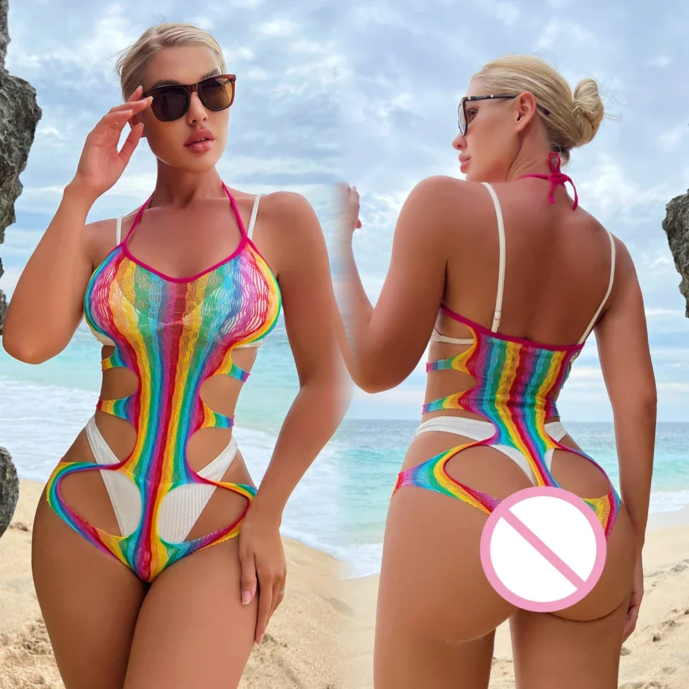 Sexy Rainbow Fishnet Bodysuit Erotic Mesh Hollow Out See-Through Bodycon Jumpsuit Women Transparent Seductive String Underwear