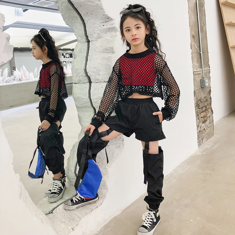 Net Tops Fashion Hip Hop Pants For Kids Summer Stage Wear Girls Jazz Dance Performance Costumes Hip Hop Clothing Black