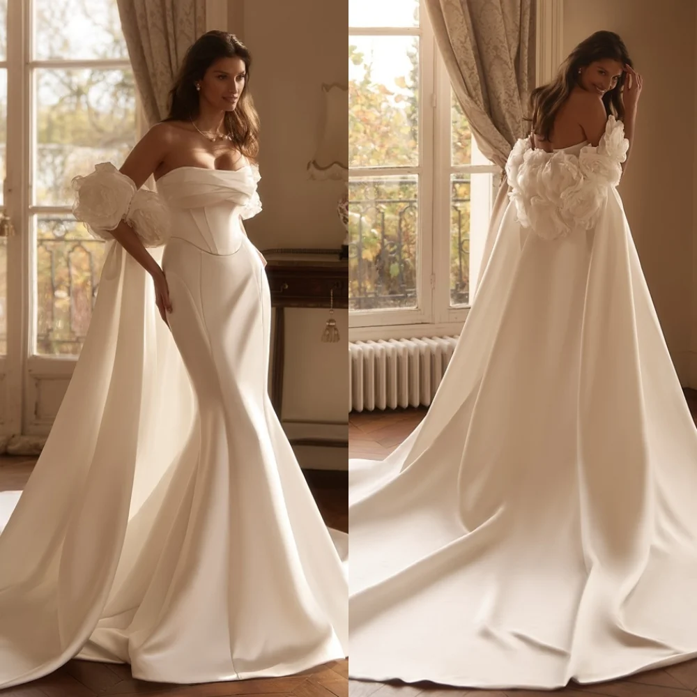 

Customized Delicate White Satin Wedding Dress Romantic Strapless Shawl Bridal Party High Quality Lace Up Back Bridal Gowns