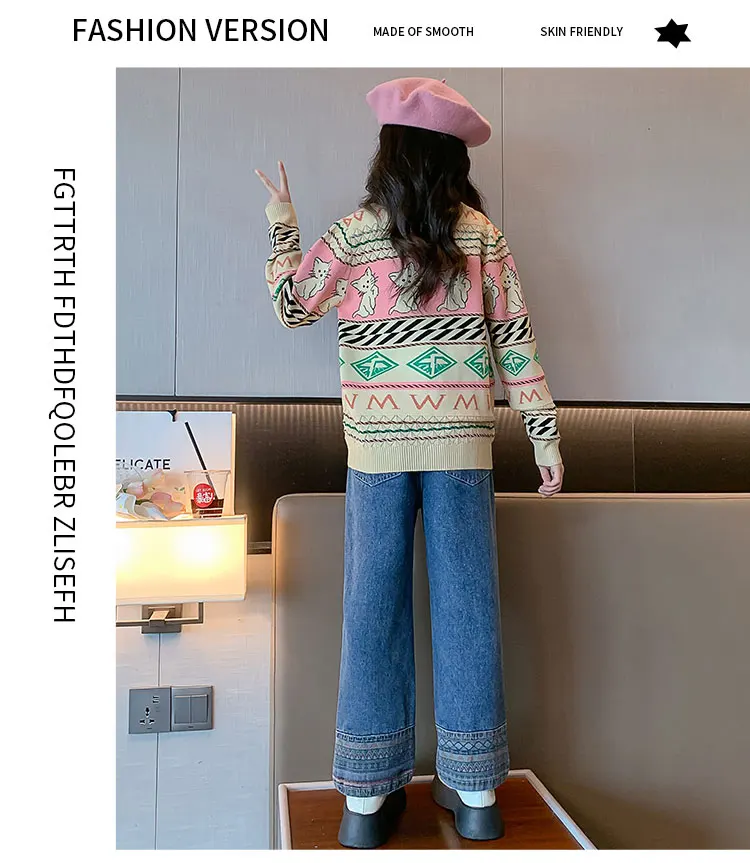 Vintage Kinder Cartoon Katzen Strickjacke für Mädchen Niedliche Mode Kinder Neue Frühlings-Strickkleidung Teenager Klassische Retro-Strickwaren – Detail 3