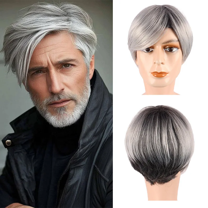 Men's Wig Short Hair Middle-aged and Elderly Gray Partial Short Straight Hair Chemical Fiber High Temperature Silk Headgear