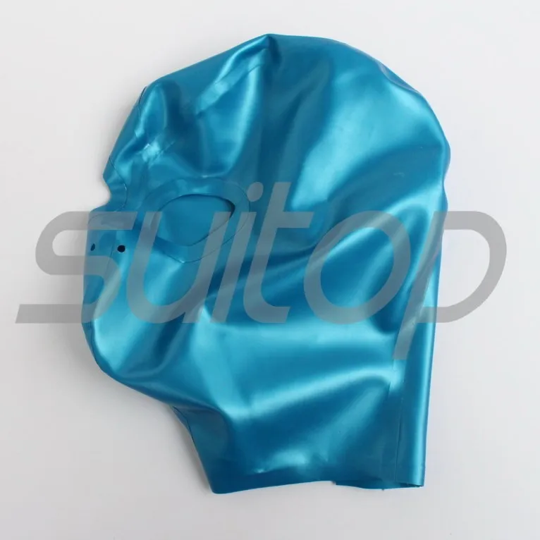 

Suitop Free Shipping latex Hoods in metallic blue no open mouth