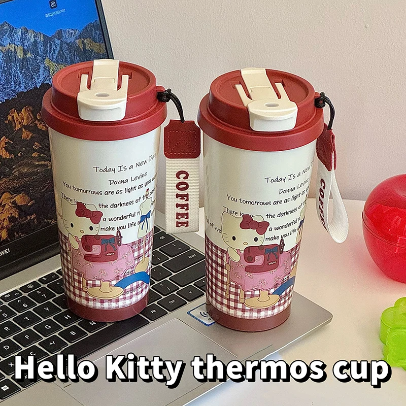 Portable Sanrio Hello Kitty Travel Coffee Mug Spill Proof With Lid Straw Thermos Cup Cute Cartoon Mug Vacuum Flask Water Bottle