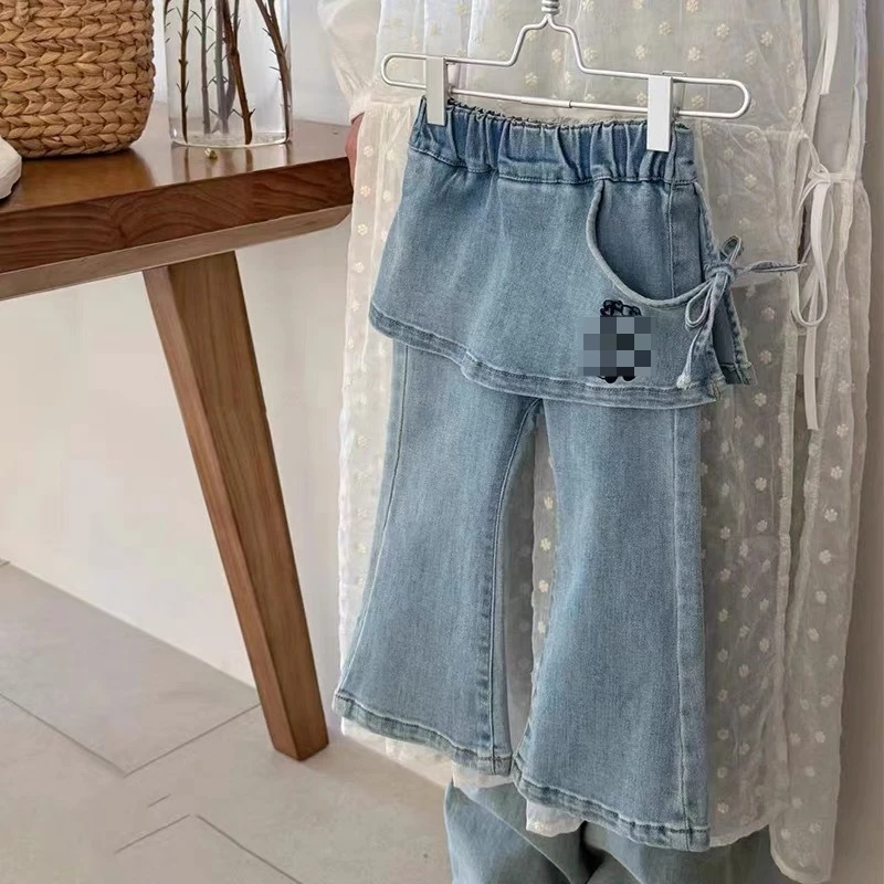 

2025 New Autumn Children's Stylish Fart Curtain Soft Cotton Elastic Waist Denim Bell Bottom Pants