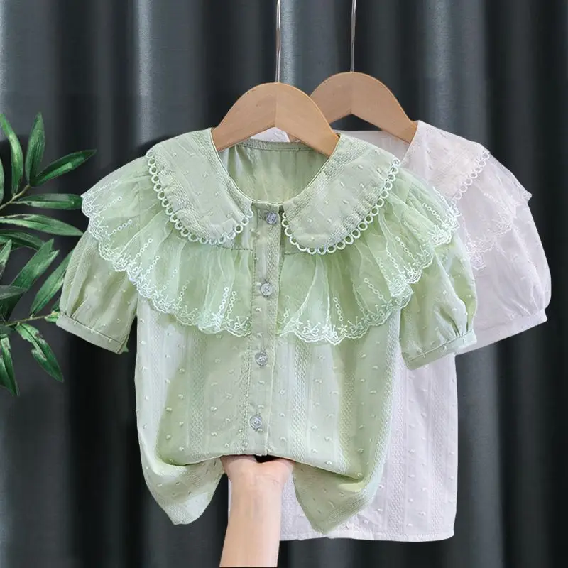 Girls Princess Style Lace Trim Short Sleeve Blouse Summer Kids Flutter Sleeve Doll Collar Shirt Casual Top for Children