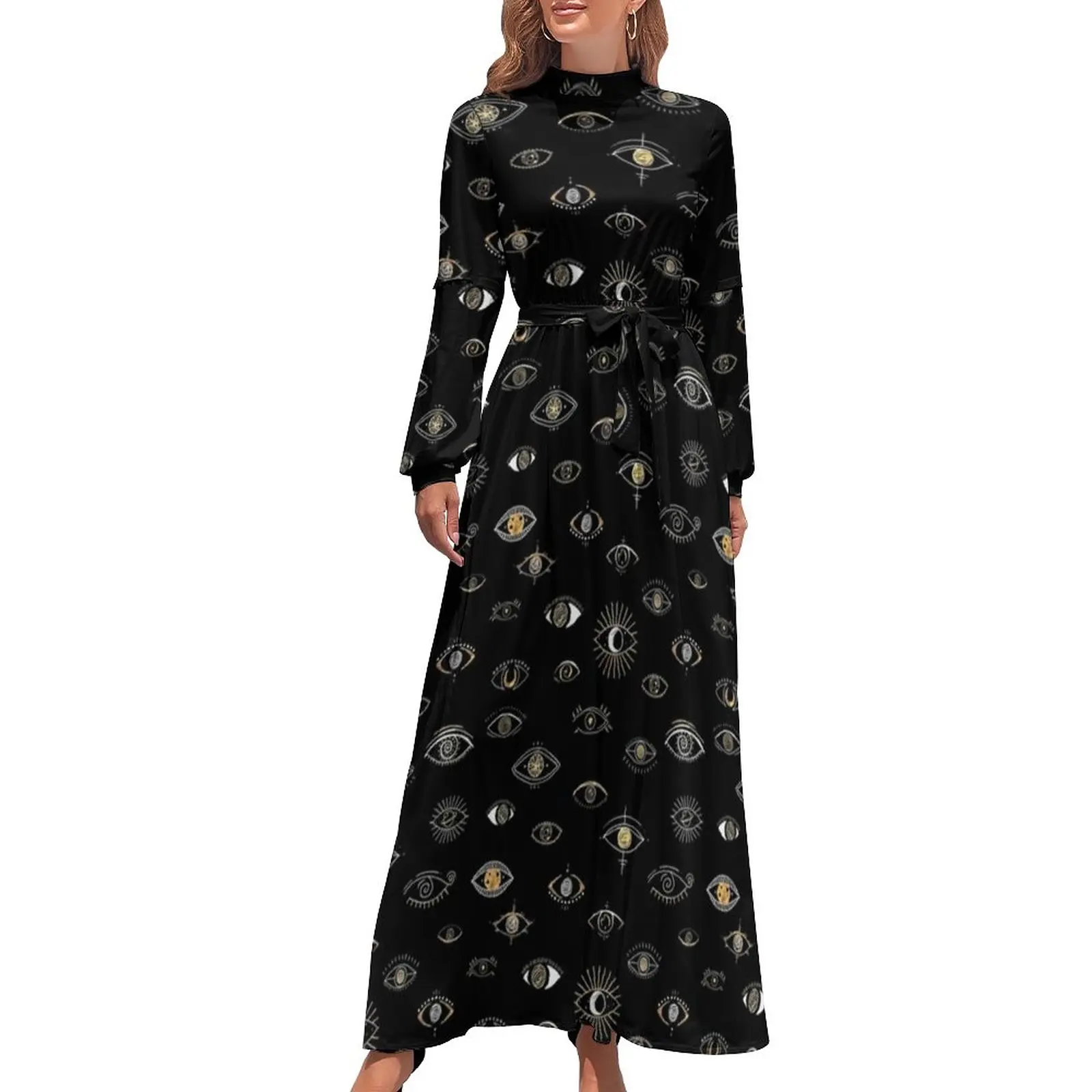 Mystic Eyes Night Dress Evil Eys Moon Sun PlanetsSexy Print Maxi Dress Woman Long-Sleeve Street Style Bohemia Long Dresses