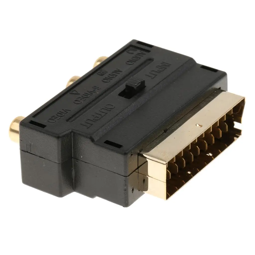 Black ABS SCART to Triple RCA Phono Socket Directional Switch Audio Video Adapter for TV DVD Systems