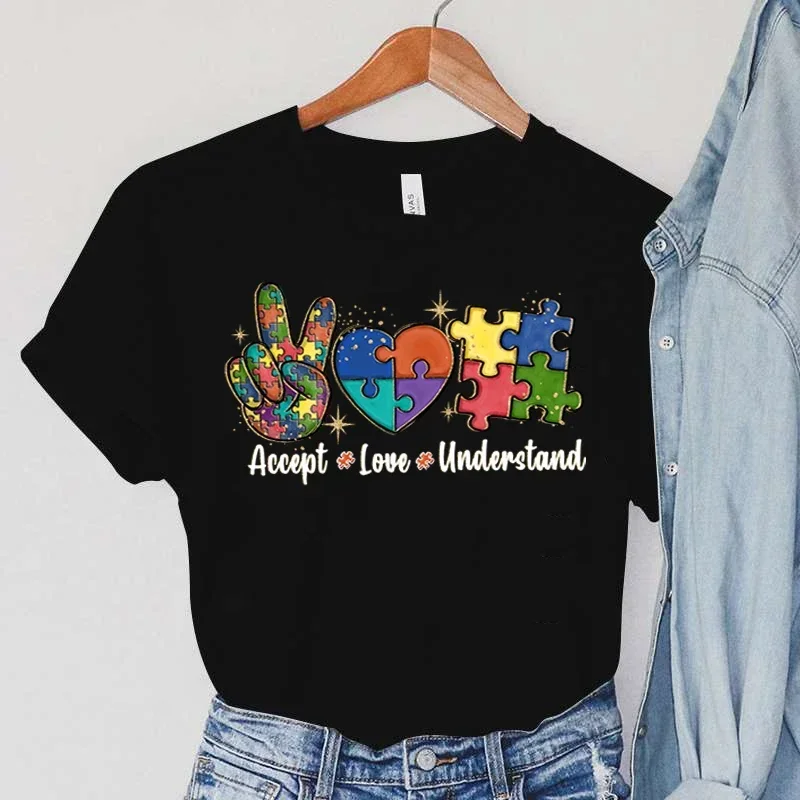 

Graphic T-shirts Autism Awareness T Shirts Color Puzzle Block Women's Tees Harajuku Korean cute Tops