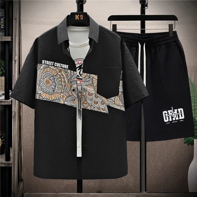 

2025 комплект рубашек с короткими рукавами для мужчин, летние модные брендовые повседневные спортивные шорты с принтом, комплект из двух предметов