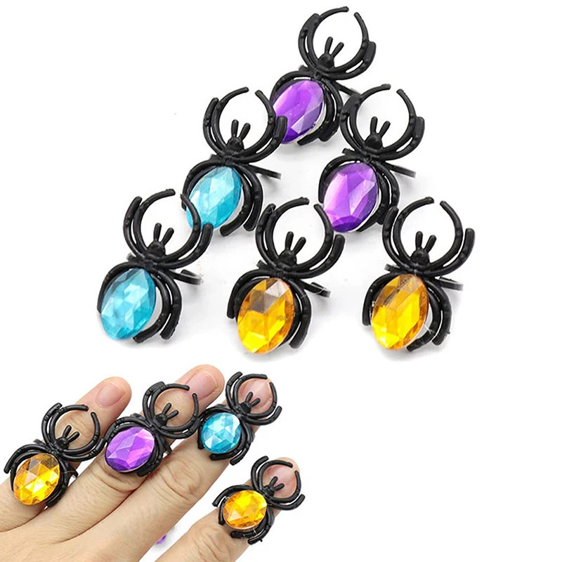 10Pcs Novelty Plastic Gemstone Spider Ring Toys For Kids Halloween Party Favors Goodie Bag Pinata Fillers