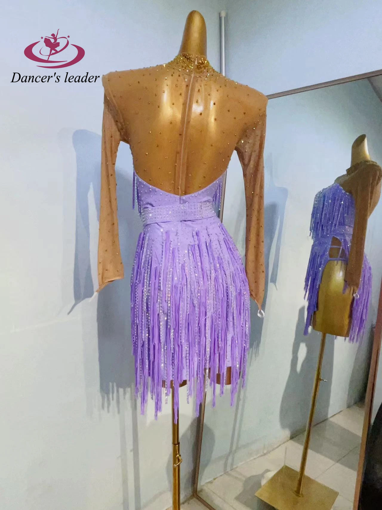 ชุดเต้นรำละตินประดับคริสตัลสำหรับผู้หญิง งานสั่งตัดระดับไฮเอนด์ ผ้าตาข่ายสองสีต่อกัน ชุดแสดงแซมบ้า