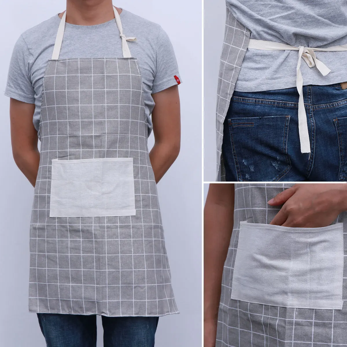 

Hanging Neck Apron Unisex Grey Plaid Bib Apron For Cooking Baking Grilling Kitchen Restaurant Home Use Workwear Gift