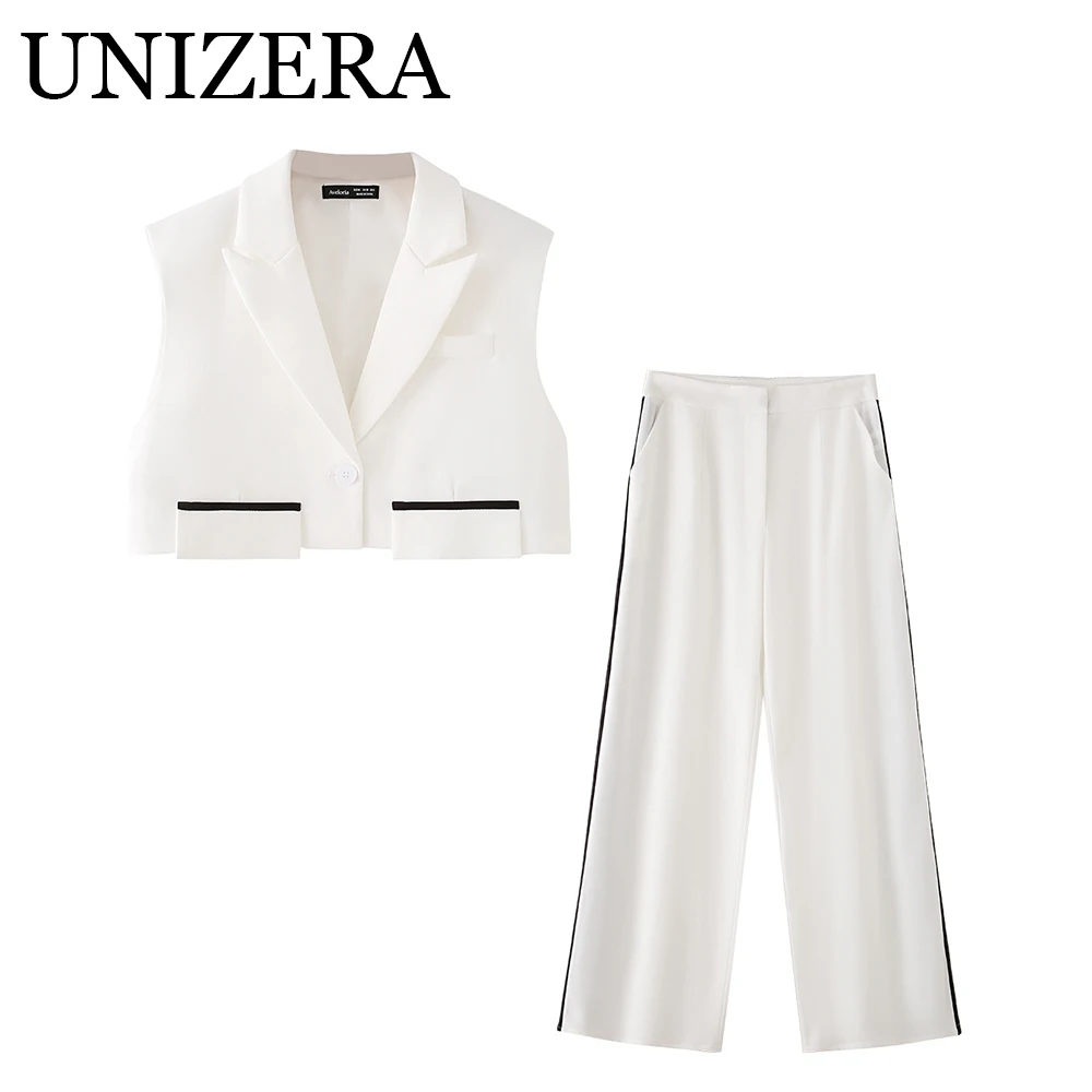 

Summer new women's versatile black and white color blocked sleeveless vest jacket, mid waist long pants set