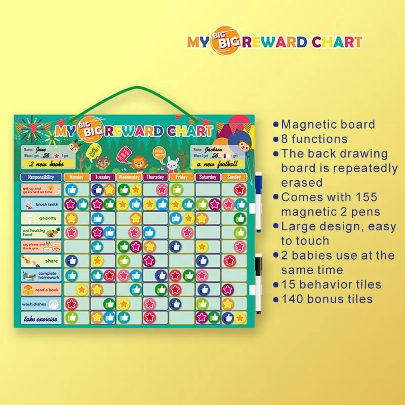 Tableau des tâches de comportement de récompense magnétique pour enfants Calendrier large magnétique avec marqueurs effaçables à sec et comportements