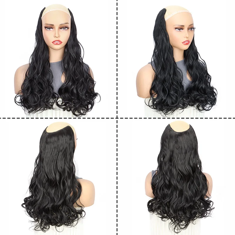 Extensión de cabello sintético largo y rizado de 24 pulgadas, pieza única con forma de V, invisible, negro y marrón 4