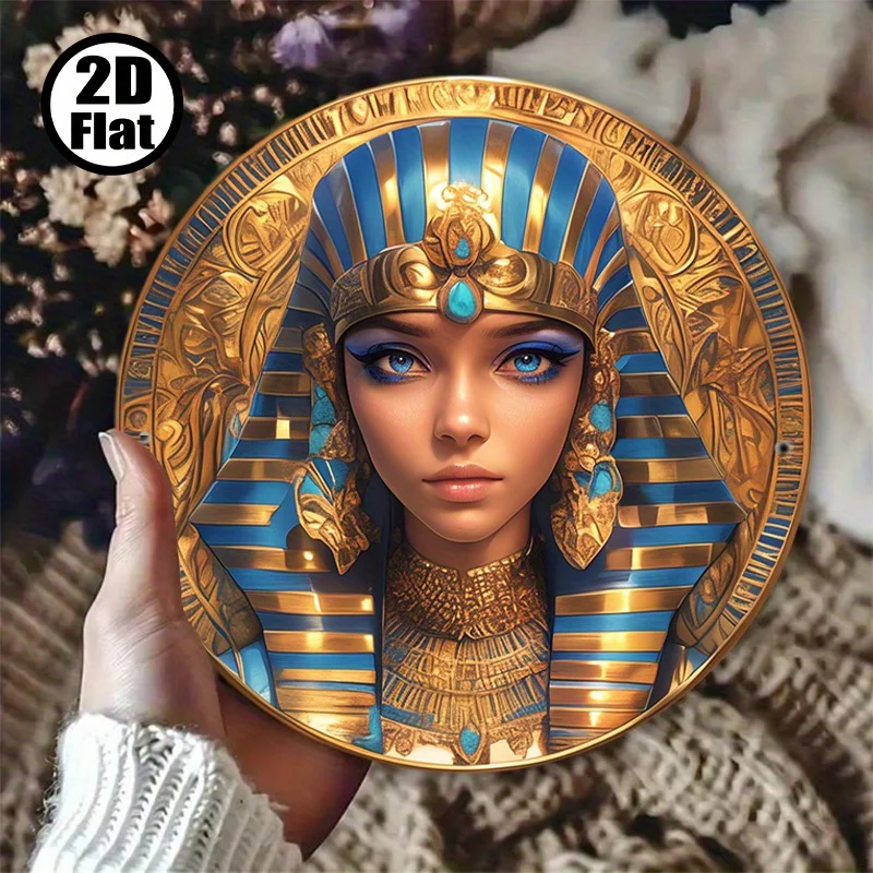 2D Flat High Definition Metal Wall Art Ancient Egyptian Pharaoh Queen Cleopatra Mythical Goddess Portrait Round Metal Sign Featu