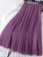 New Big Hem Long Tulle Skirt Women Korean Casual Simple Solid 3 Layers A Line High Waist Maxi Skirt Female Lady Purple