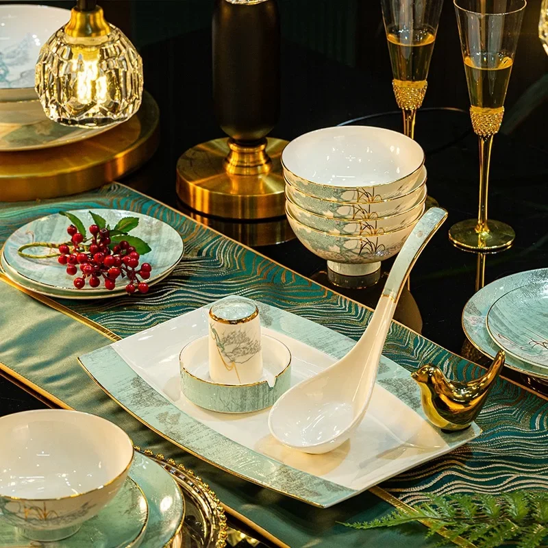 DSA Bone China Tableware Set, Jingdezhen Ceramic Bowl and Chopsticks Combination Full Set of Light Luxury Gift Sets