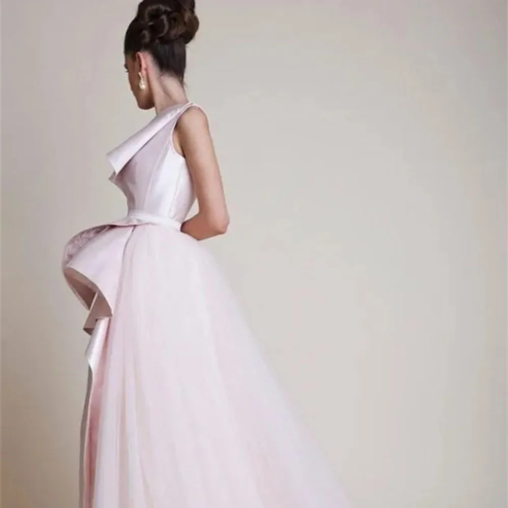 A-Line One Shoulder Celebrity Red Carpet Evening Dresses Tiered Stain and Tulle Overskirt Floor Length Light Pink Formal Prom