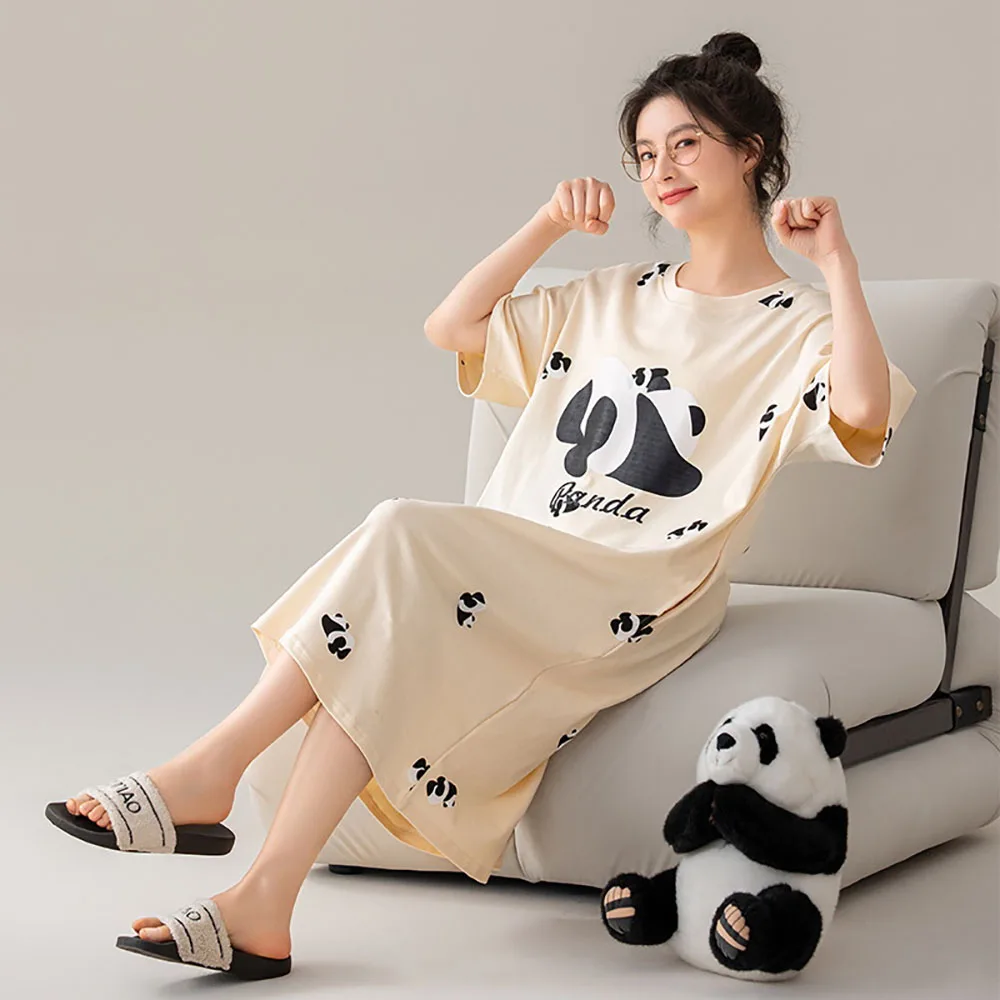 

Korean Style Antibacterial New Cute Cartoon Sleepwear Night Dress Summer Women's Pajamas Female Loose Soft 100% Cotton Dresses