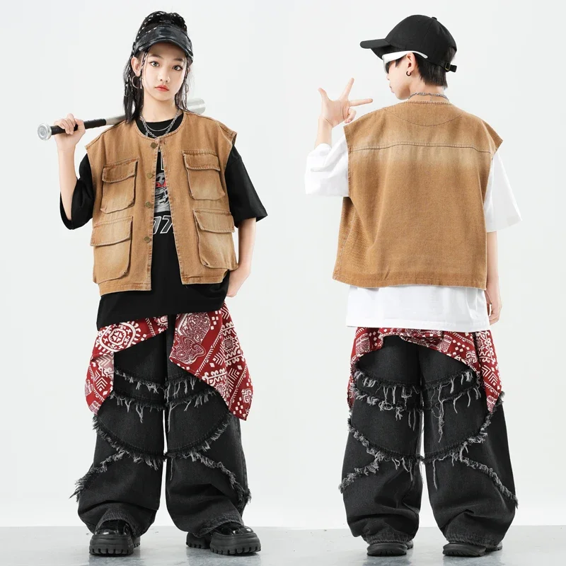 Hip Hop Stage Boys Vest Tshirt Cargo Pants Girls K-pop Cool Jazz Jacket Street Dance Costumes Children Clothes Kids Streetwear