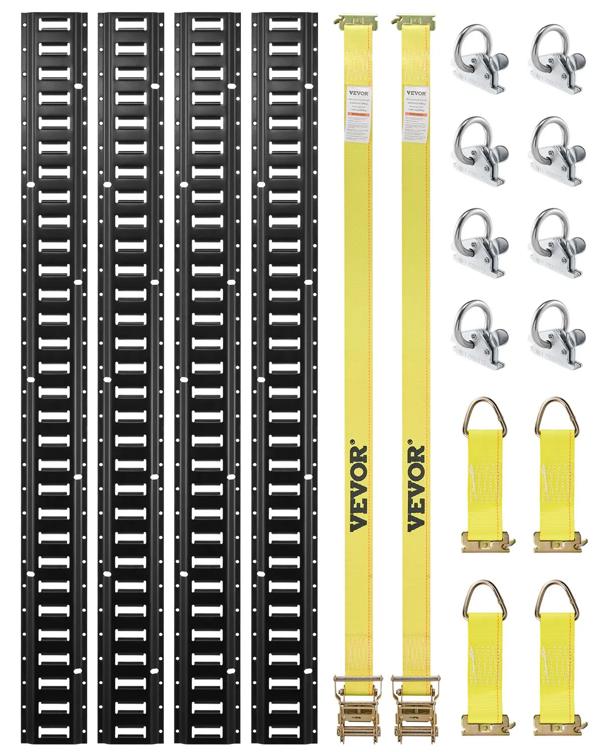 Kit de fixation sur rail E-Track, ensemble de 18 rails E-Track de 5 pieds comprenant 4 rails en acier, 8 ancrages à anneaux toriques, 4 points d'attache avec anneaux en D et 2 sangles à cliquet, accessoires de fixation pour le transport de marchandises, motos, vélos, capacité de 2000 lb