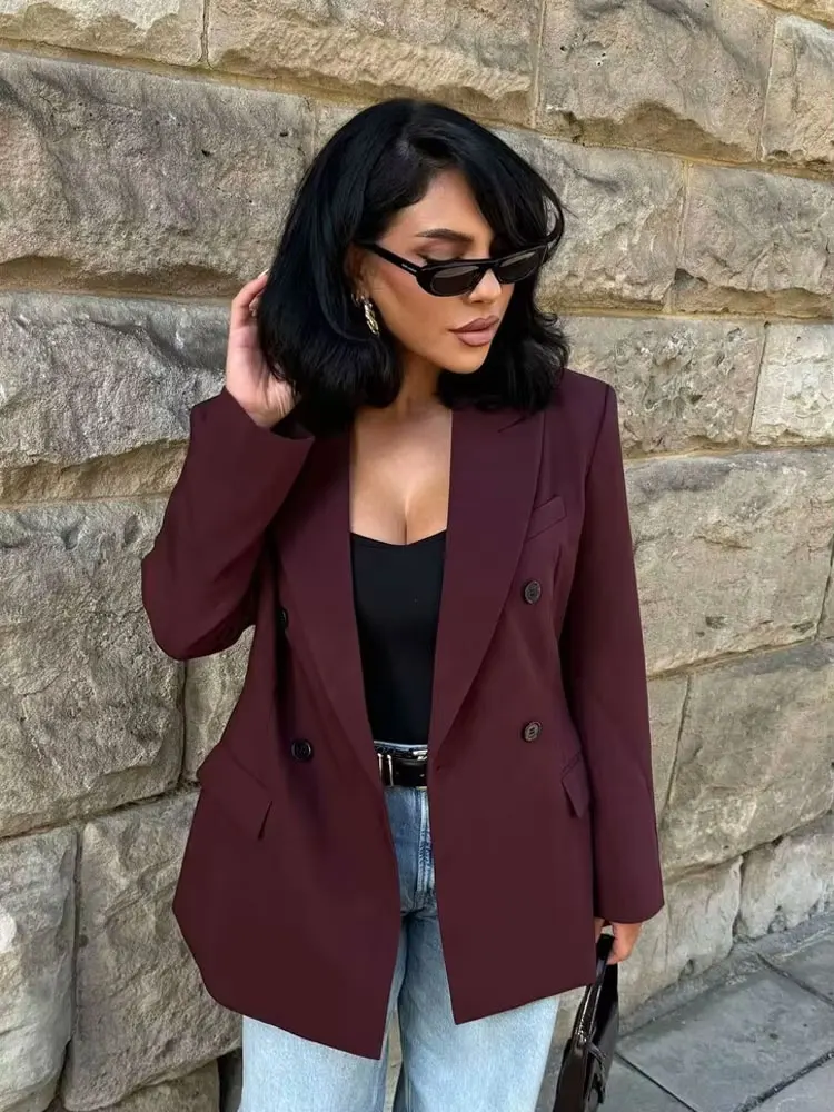 

HH Female Fashion Wine Red Blazer Long Sleeves Vintage Solid Lapel Versatile Broad Double Breasted Elegant Commuting Coats