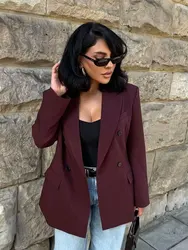 HH Female Fashion Wine Red Blazer Long Sleeves Vintage Solid Lapel Versatile Broad Double Breasted Elegant Commuting Coats