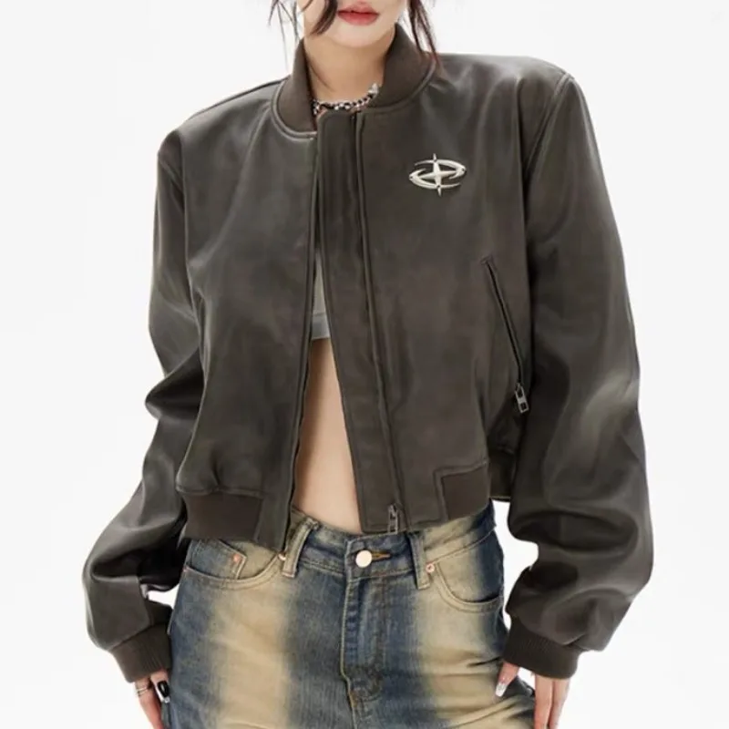 Vintage Streetwear Leather Jacket Motorcycle Jacket Women PU Leather Coat Zipper Short Tops Y2k Clothing Long Sleeve Outerwear