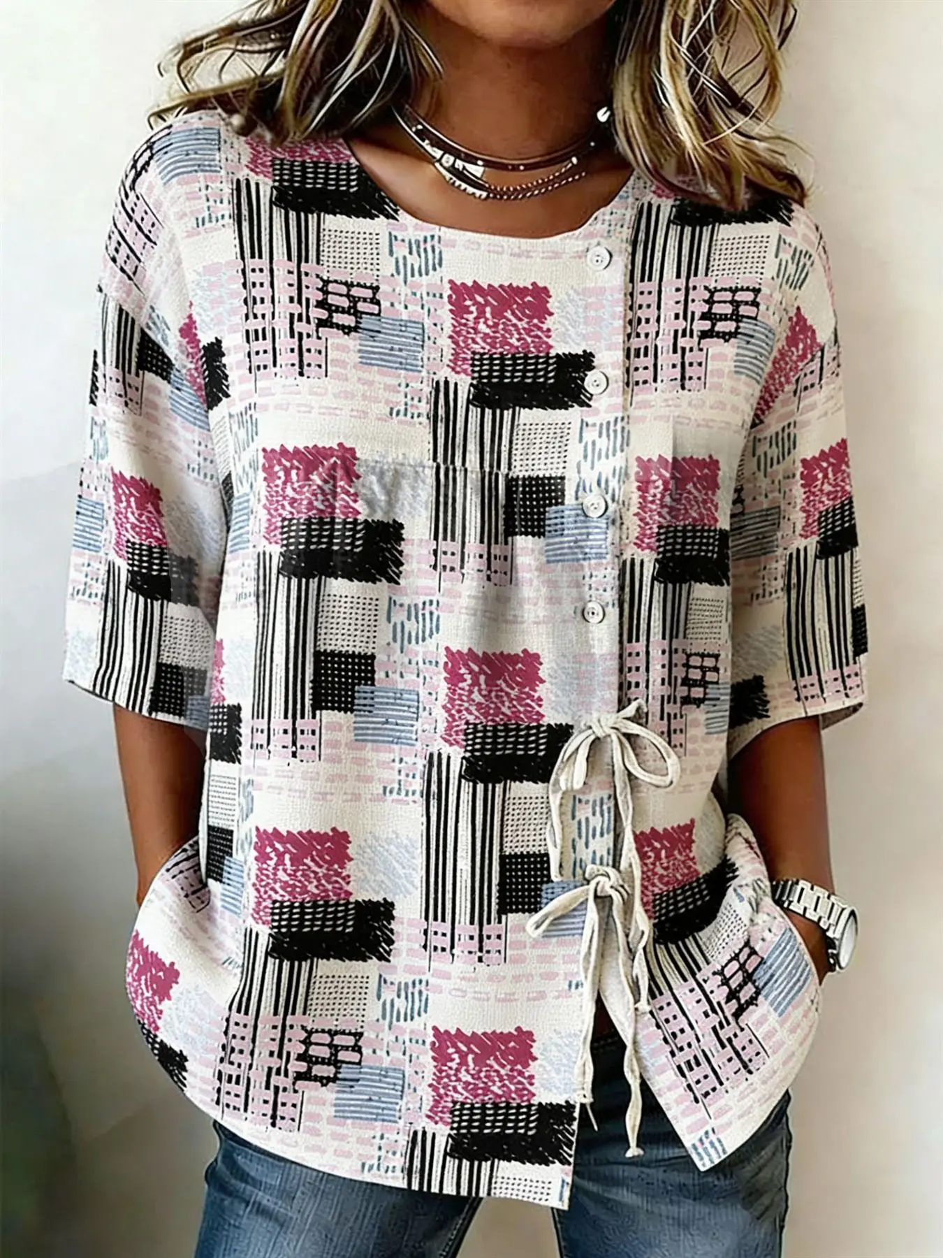 

Women's Geometric Block Print Drawstring Button Up Blouse, Casual Round Neck Tops for Spring Summer Daily Vacation Wear