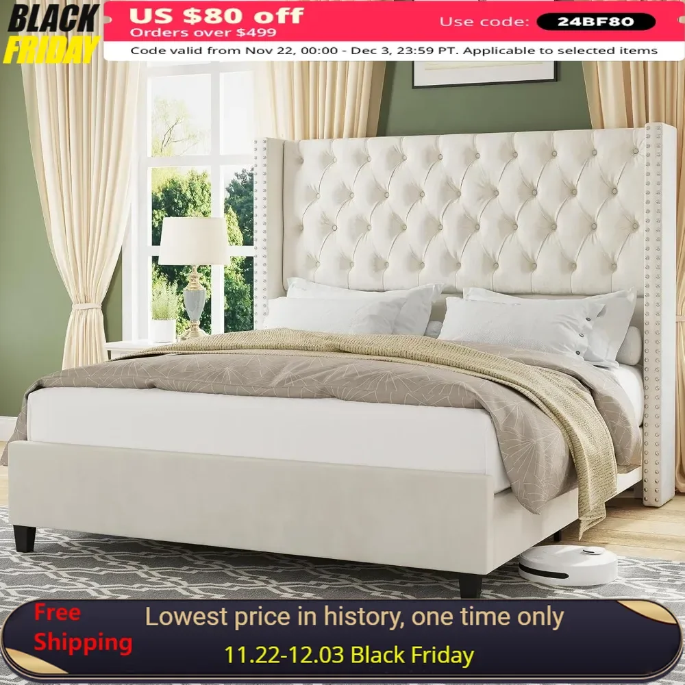 Queen Bed Frame with Tall Headboard Wingback Platform Bed Tufted Deep Button Velvet, No Box Spring Needed, Bed Frame