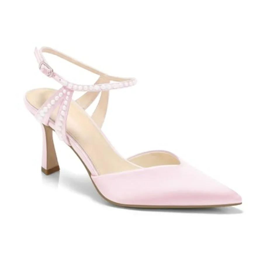 

Coutgo Womens High Heels Closed Pointed Toe Satin Pumps Pearl Ankle Strap Wedding Party Dress Shoes