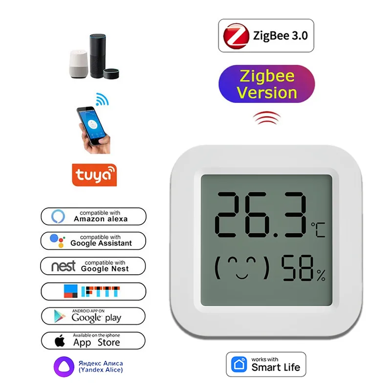 Tuya Zigbee-Sensor de temperatura y humedad para Smart Home, pantalla LCD, funciona con Alexa, Google Home APP, Smart Life, Tuya Smart Yandex