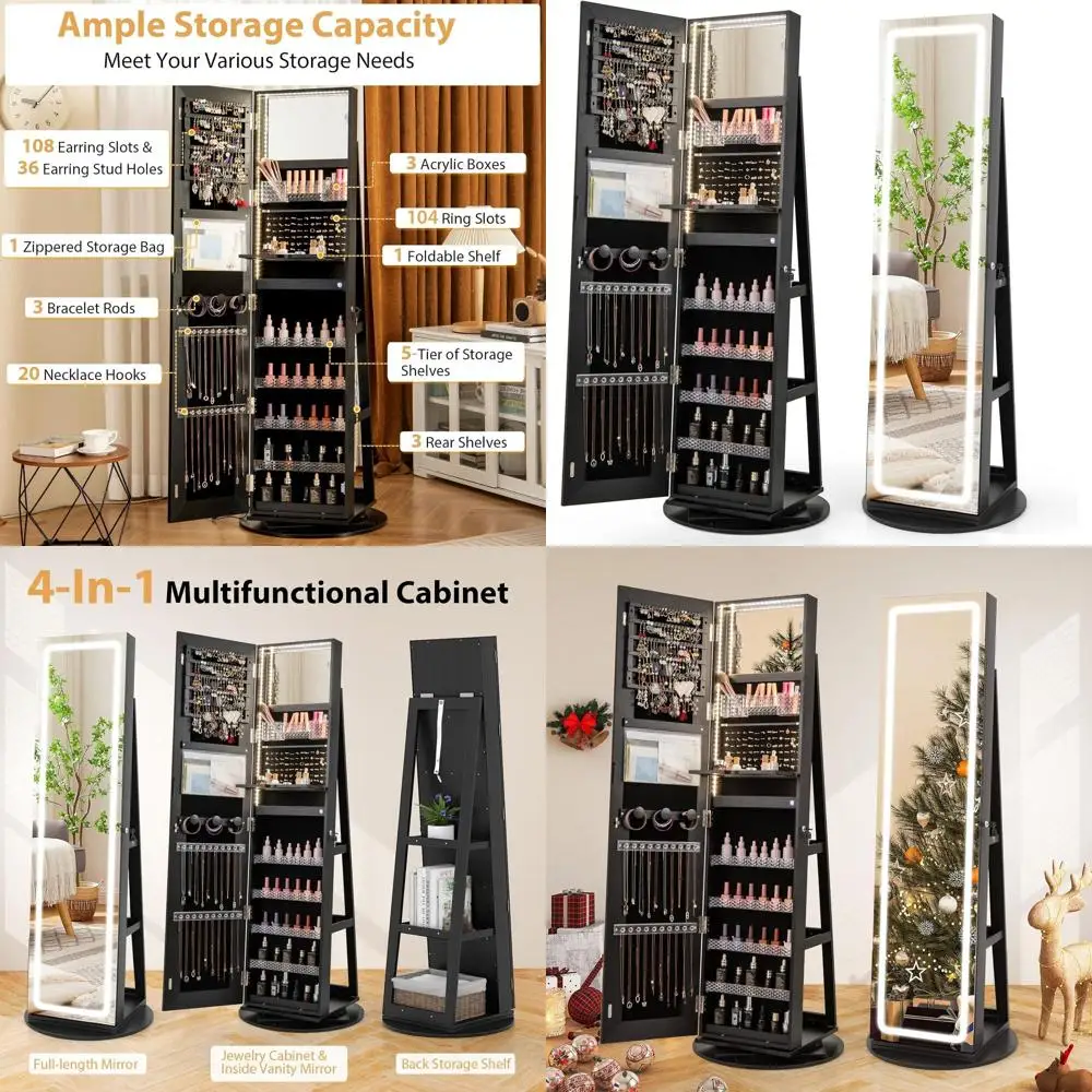 

Черный шкаф для ювелирных изделий с зеркалом в полный рост, светодиодной подсветкой и задним хранилищем