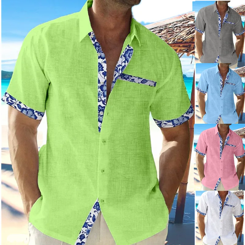 2024 Men's New Hawaiian Beach Holiday Shirt Short Sleeve Cardigan Shirt Men's Cuff Front Color Lapel Shirt