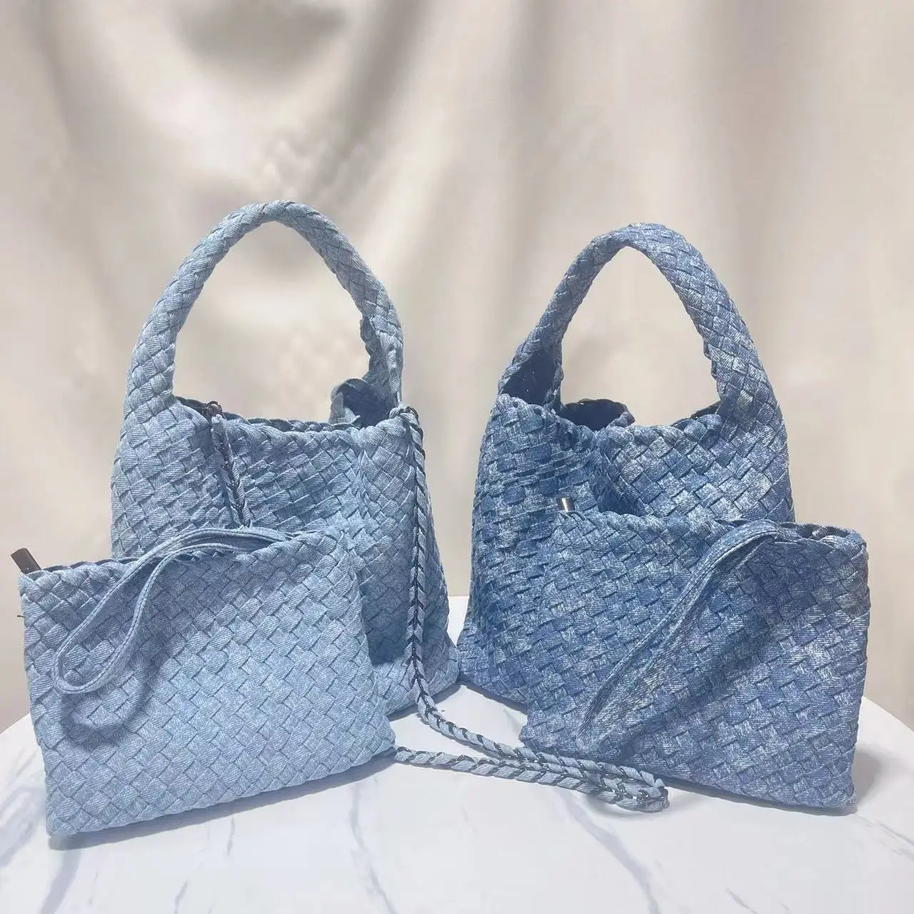 Snowflake Denim Woven Chain Shoulder Bag for Women Stylish Tie-Dye Tote Bag，Composite Bag