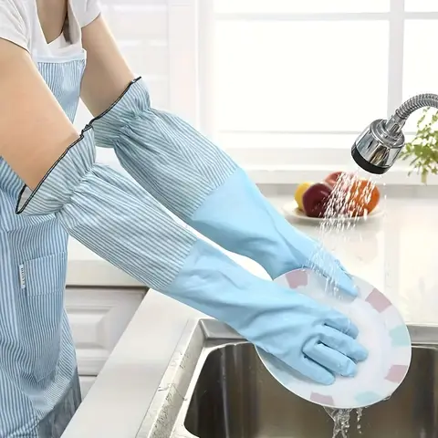 1 Pair Fashion Hemming Plus Velvet Warm Housework Gloves Kitchen Clean Durable Dish Washing Rubber Gloves