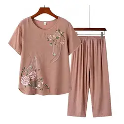 Middle-aged and Elderly Women Summer Short Sleeve Floral Print Loose Cotton Linen T-shirt Top Wide-leg Pant 2PCS Set Mother suit