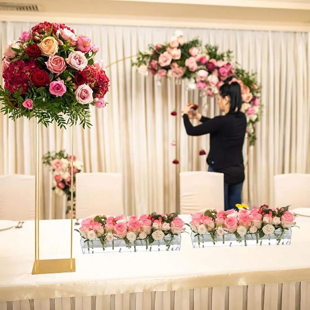 4 Pack Clear Acrylic Lower Vase Centerpiece, 63.2 Inch Rectangular Low Vases with 64 Holes for Dining Table Arrangement, Home De