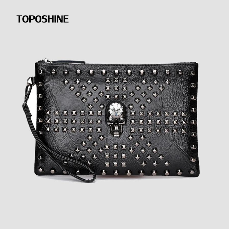 

Сумка-клатч Toposhine 2026 большая, на запястье, для мужчин и женщин, в стиле ретро-панк, черная, с заклепками, из искусственной кожи
