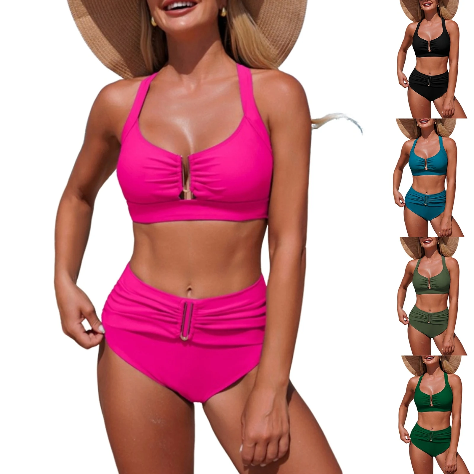 Sexy Bikini Summer Halter Neck Metal Ring Crisscross Back Ruched High Waisted Two Piece Beach Slimming Swimwear Bathing Suit