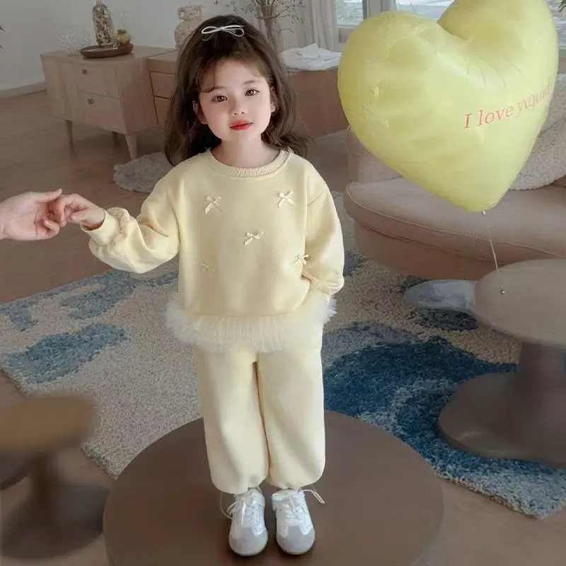 Calças com capuz de duas peças suitgirls sweatshuit conjunto de roupas moda crianças princesa arco amor decoração primavera outono 2025 novo