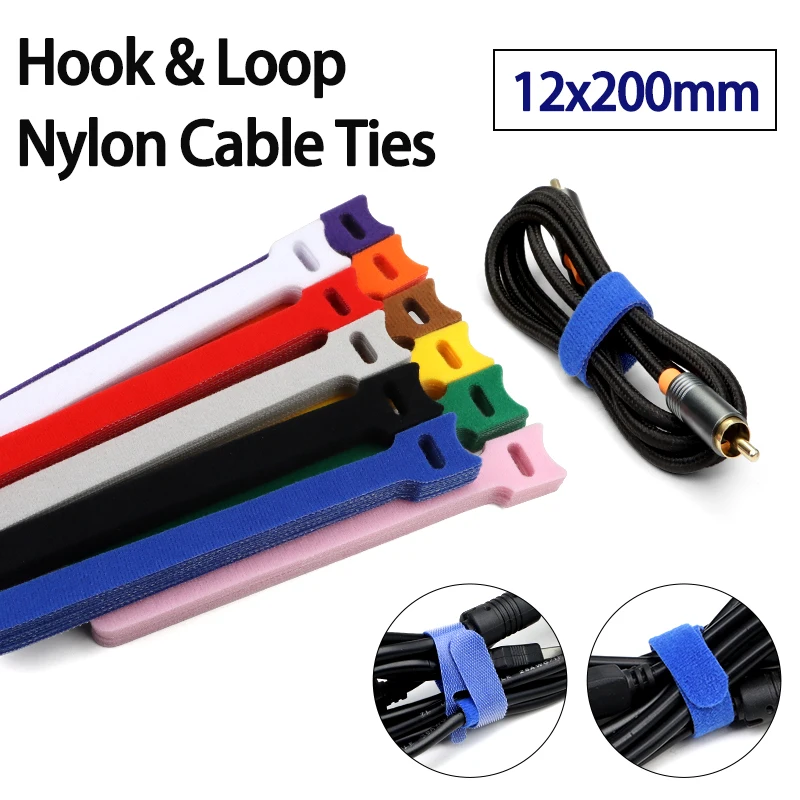50/100 Stück T-förmige 12x200mm Klett-Nylon-Kabelbinder, wiederverwendbarer Verschluss, verstellbarer Kabelmanager, Kabel-Organizer