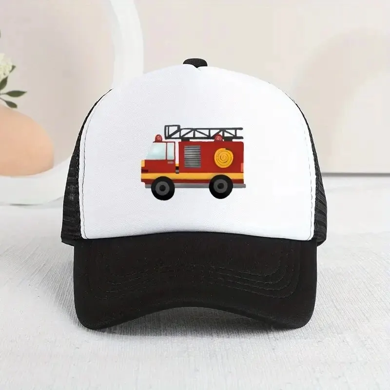 Casual Trendy Fire Truck Mesh Stitching Cap, Sun Protection Comfortable Breathable Cap For Summer Holiday Outdoor Traveling Boys